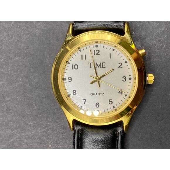 TIME Men's Quartz Wristwatch Gold Tone Stainless Steel Case Black Leather Band - Picture 1 of 9